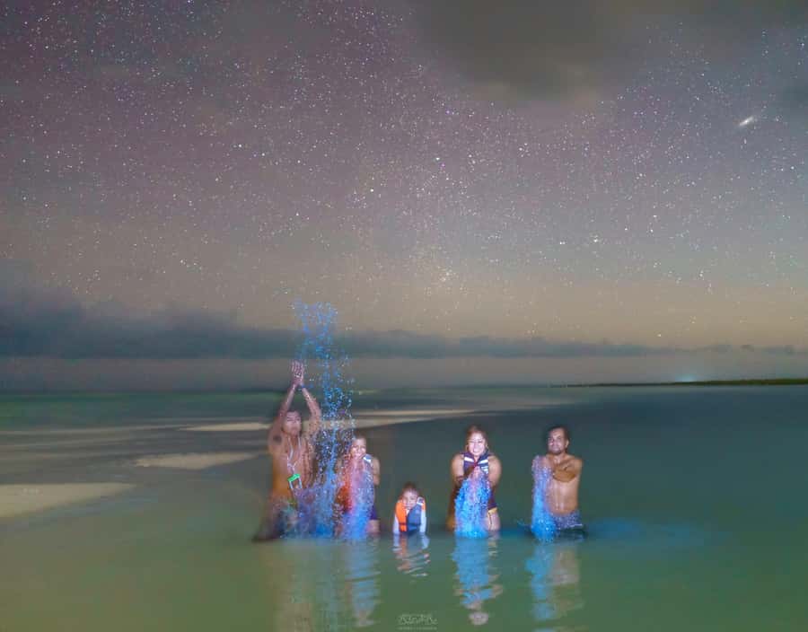 Holbox: Bioluminescence by Kayak and Stargazing. - Walking on a sandbar where footprints glow