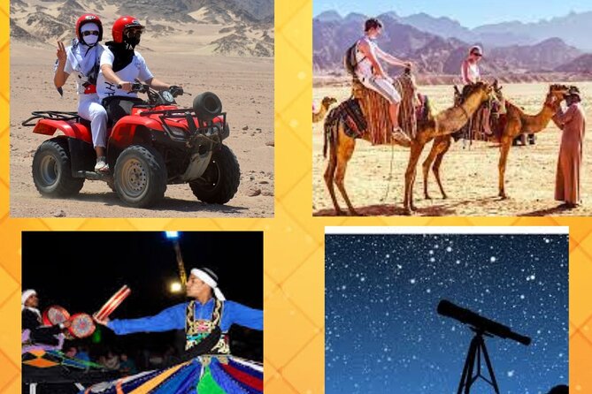 Sharm El Sheikh Super Safari 5</em>1 ATV Quad, Stargazing,Camel Ride,Dinner, Shows – Leaving Sharm El Sheikh for the Sinai desert’ /></p>
<p><p>Pickup is provided from your hotel in an air-conditioned vehicle. The transfer is part of the value here, since you do not need to arrange a taxi or find your own way to the quad-bike area.</p>
</p>
<p><p>Allow some patience during pickup. One reported transfer arrived about 10 minutes late, and another described a short wait before departure. That is not unusual for a shared excursion, where several hotel stops may be involved. Guides check hotel names and keep the group organized, but the exact pickup order can affect your schedule.</p>
</p>
<p><p>The advertised group limit is 15 people. That should make the tour easier to manage and the astronomy session more personal. Still, a particularly busy date brought a much larger group, with more than 35 quads and nearly 50 people reported. Holiday periods can change the feel of the experience, so ask about the expected group size if a quiet outing matters to you.</p>
</p>
<p><p>The stated duration is approximately 1 hour 30 minutes, though the full program includes pickup, driving, dinner, entertainment, and the return transfer. Some descriptions refer to around 90 minutes of quad riding. In practical terms, plan for an afternoon and evening activity rather than a quick one-hour ride.</p>
</p>
<div class="twil" style="margin: 20px 0; padding: 15px 0;"><p>More Camel Ride Stargazing in Egypt:</p><ul style="margin: 10px 0; padding-left: 0; list-style: none;"><li style="margin: 0 0 12px 0; padding: 0 0 12px 0; border-bottom: 1px solid #E2E4ED; line-height: 1.4;"><a href="https://thestargazingtraveler.com/hurghada-sunset-quad-bike-camel-w-opt-stargazing-and-bbq/">Hurghada: Sunset Quad Bike, Camel w/ Opt Stargazing and BBQ</a><br><span style="font-size: 0.82em; color: #555;"><span style="color: #F2C94C;">★</span> 4.2 &nbsp;&middot;&nbsp; 1,705 reviews</span></li><li style="margin: 0 0 12px 0; padding: 0 0 12px 0; border-bottom: 1px solid #E2E4ED; line-height: 1.4;"><a href="https://thestargazingtraveler.com/hurghada-quad-bike-sea-camel-safari-stargazing-dinner/">Hurghada: Quad Bike, Sea, Camel, Safari, Stargazing & Dinner</a><br><span style="font-size: 0.82em; color: #555;"><span style="color: #F2C94C;">★</span> 4.2 &nbsp;&middot;&nbsp; 1,454 reviews</span></li><li style="margin: 0; padding: 0; border-bottom: none; line-height: 1.4;"><a href="https://thestargazingtraveler.com/makadi-bay-atv-sea-view-camel-stargazing-dinner-show/">Makadi Bay: ATV, Sea View, Camel, Stargazing, Dinner & Show</a><br><span style="font-size: 0.82em; color: #555;"><span style="color: #F2C94C;">★</span> 4.3 &nbsp;&middot;&nbsp; 1,368 reviews</span></li></ul></div><h2>Getting comfortable on the quad bike</h2>
<p>1 ATV Quad, Stargazing,Camel Ride,Dinner, Shows – Getting comfortable on the quad bike’ /></p>
<p><p>At the ATV base, an instructor explains how to operate the quad bike. You begin on flat desert sand, giving you time to get used to the throttle, steering, and brakes before the ride becomes more adventurous.</p>
</p>
<p><p>That gradual start is useful if you have never driven a quad before. Several people found the machines easy enough for first-time drivers, and families with children enjoyed this part of the day. You can ride alone on an adult ATV or share one ATV with another person, depending on your preference and the arrangements available.</p>
</p>
<p><p>You receive a safety helmet, and wearing it is important. One disappointing account described little safety explanation before riding, while the operator responded that a helmet had been offered but declined. I would not skip it. Dust, engine noise, uneven sand, and a long line of vehicles all make basic safety gear worthwhile.</p>
</p>
<p><p>The ride can be dusty. That is part of the setting, not a surprise defect, but it affects comfort. A scarf costs about $3 according to the supplied information, and several people found one useful. Sunglasses or ATV goggles also help. Goggles may cost extra, and one account listed them at $7. Wear clothes and shoes that you do not mind covering in fine sand.</p>
</p>
<h2>Riding through the desert toward the hills</h2>
<p><img width="669" height="446" decoding="async" src=